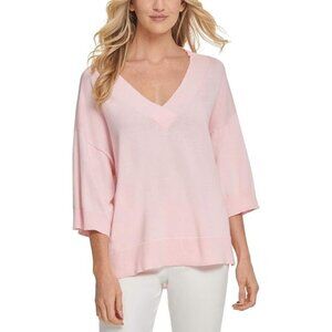 DKNY Pullover Sweater Mixed Media High Low 3/4 Sleeves Womens Pink Size X-Large
